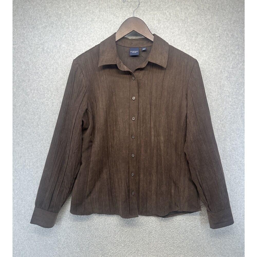 Sonoma Lifestyle Womens Blouse Brown Long Sleeve ButtonUp Crinkle Texture Size M